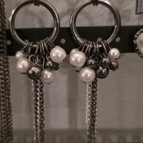 Edgy Gunmetal & Pearl Tassel Drop Earrings – Mixed Multi-Tone - Picture 7 of 8